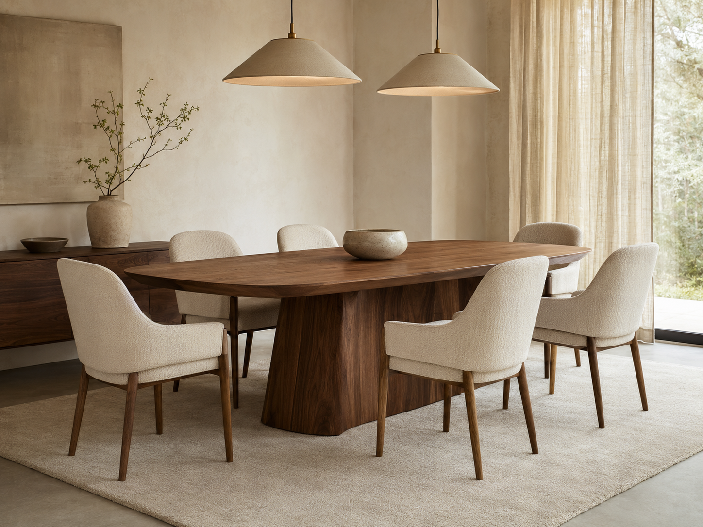 Walnut dining table in a warm contemporary room