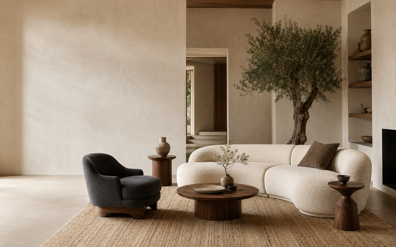 Warm modern living room with a curved cream sofa and walnut tables